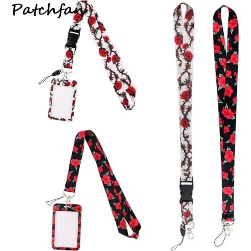 AD639 Patchfan Flower Lanyard Keychain keys Badge ID Mobile Phone Rope Rose Lanyard With Card Holder Cover