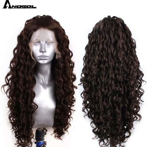 Anogol High Temperature Fiber Natural Hair Wigs Glueless 6# Mixed 8# Long Kinky Curly Synthetic Lace Front Wig with Free Part