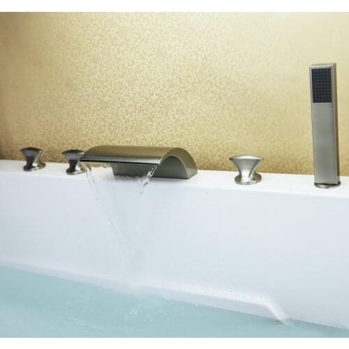 Free ship Contemporary Nickel Brushed Five Holes Three Handles Waterfall Bathtub Faucet with Hand Shower