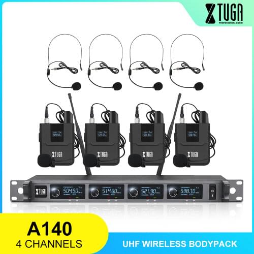 XTUGA 4-Channels UHF Wireless Microphone System With 4 Bodypack Headset and Lapel Mic Professional for Stage Church Family Party