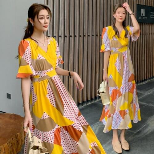Bohemian Long Beach Dress Women Summer Boho Casual V-neck Polka Dot Chiffon Dress Ladies Fashion Female Patchwork Maxi Dress