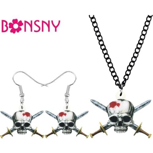 Bonsny Acrylic Halloween Sword Skull Jewelry Sets Necklace Earrings For Women Girls Kid Trendy Fashion Festival Gift Accessories