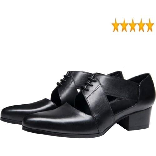 High Leather Heel Genuine Men Summer Pointed Toe Hollow Out Sandals Casual Dress Shoes Black Lace Up Footwear 2021 New