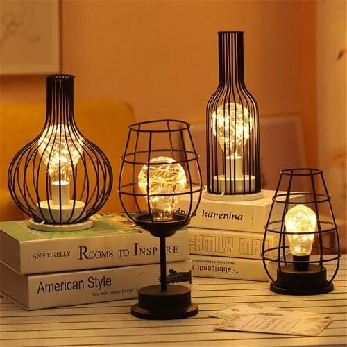 Creative Hollow Out Wine Bottle Led Lamp Drinking Glass Light Wrought Iron Night Light Lantern Red Wine Bottle Lamp Decor Light