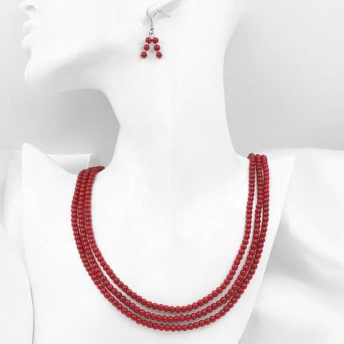 Fashion Necklace Earrings Jewelry Set for Women Artificial Coral Beads 4mm Round Fashion Statement Chain Choker Red Sets A598