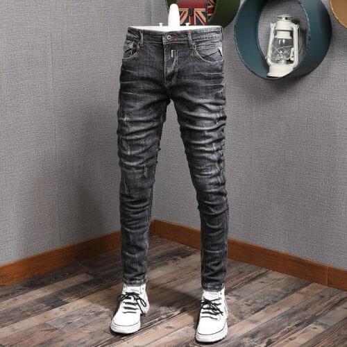 Italian Style Fashion Men Jeans Retro Black Gray Elastic Cotton Ripped Jeans For Men Vintage Designer Slim Fit Denim Pants Homme