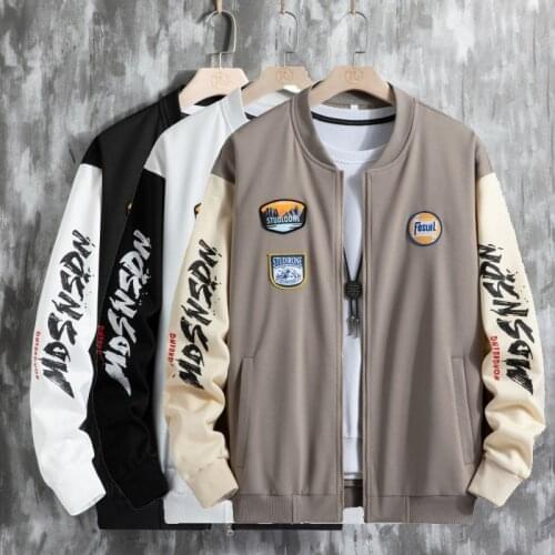 Mens Embroidery Baseball Jacket 2021 New Arrival Korean Clothes for Teens Couple Casual Patchwork Bomber with Zipper Black Coats