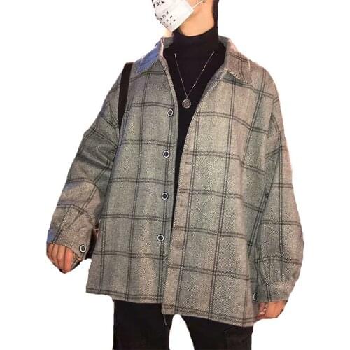 Mens Korean Plaid Coat 2021 Street Wool Coat Mens Harajuku Coat Fashion Plus Size Jacket Coat
