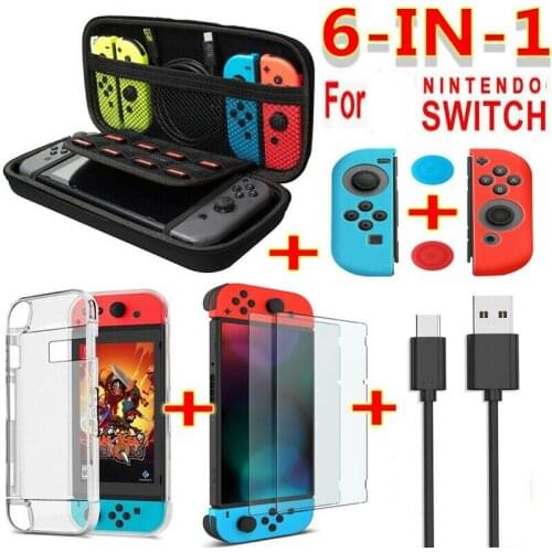 6 in 1 game accessory set Black red blue For Nintend Switch Travel Carrying Bag Screen Protector Case Charging Cable