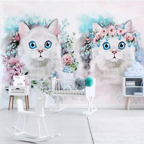 Custom Mural Wallpaper Nordic Simple Flower Cats Wall Painting Childrens Bedroom Background Wall Paper Home Decor Wallpaper 3 D