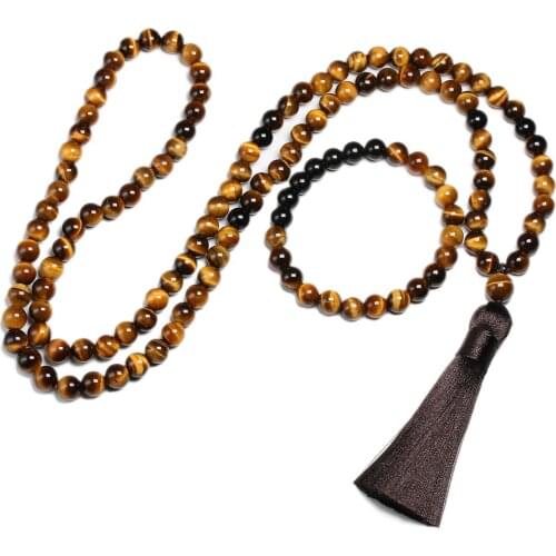 Natural Grade A 8mm Tiger Eye Stone and Black Bright Onyx Beads Necklace108 Bead Mala Jewelry Buddha Prayer Bracelet Women Men