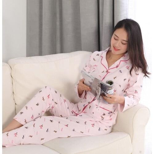 New Spring Womens Long Sleeve Flip-collar Sleepwear 100% Cotton Pajamas for Women Cartoon Pajama Set Trousers Home Pijama Mujer