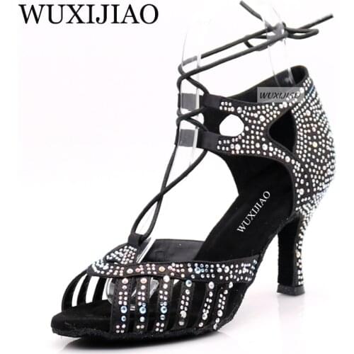 WUXIJIAO New Beige and Black satin Salsa Dance Shoes Soft Bottom Latin Kizomba Tango Ballroom Dance Shoes Heel 6/7.5/8.5/10cm