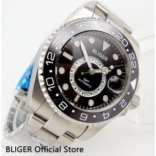 Solid 43MM Black Dial BLIGER Sapphire Crystal Black Ceramic Bezel GMT Function Luminous Marks Automatic Movement Mens Watch