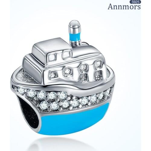 Sailors Blue Cubic Zircon Ship Charm 925 Sterling Silver Fits Pandora Charms Bracelets for Woman Girl Beads Gifts