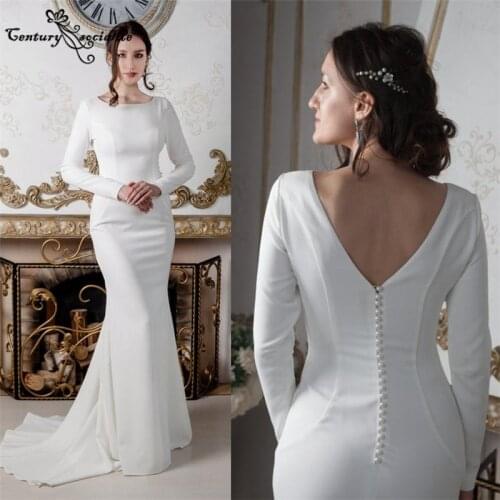 Simple Wedding Dresses Mermaid Long Sleeve Pearls Button Crepe Muslim Bridal Gowns Bride Reception Dress Vestido De Noiva