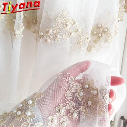 Luxury Embroidery Pearls Tulle Curtians for Living Room Rope Flowers Embroidery Sheer Volie Elegant Romantic Yarn X-HM447#30