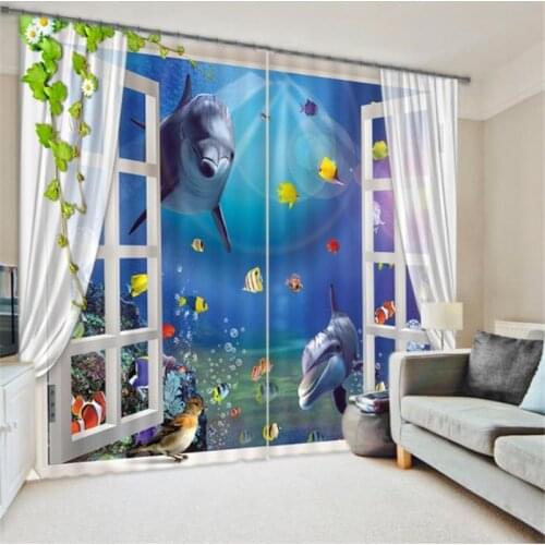 Customized Dolphin Luxury 3D Blackout Window Curtain Drapes For Living room Bed room Hotel Wall Tapestry Cortinas