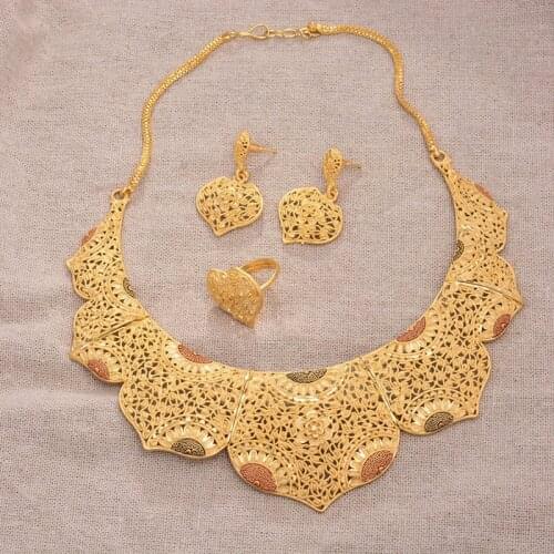 Luxury Dubai jewelry sets for women wedding gold color necklace earrings ring bridal Indian Nigeria African gifts set