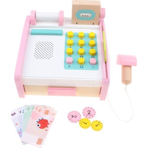 Pink Wooden Cash Register Playset with Assorted Accessories Supermarket Pretend Play Game Boys & Girls Educational Toy