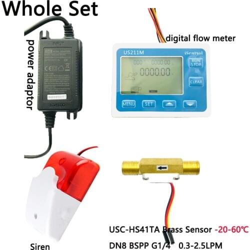 US211MA Pipe Water Suspend Alarming System Digital Flow Meter and Brass 60℃ Flow Sensor Turbine Flowmeter G1/4" BSPP iSentrol