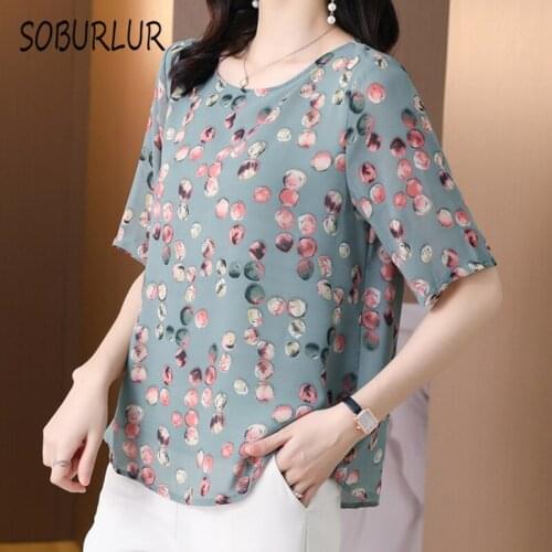 SOBURLUR Summer New Blousas Elastic Plussize Womens T-shirts Crop Top Woman Clothes Dreeses Tunics Plussize Loose Casual Flower