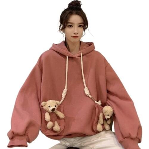 Spring 2021 Womens Hoodies Fashion Doll Decor Cute girls' hoodies Fleece lining warm and cozy