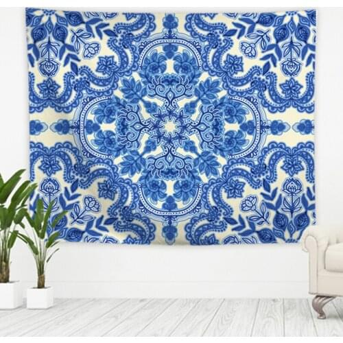 Bohemia Navy Blue Flower Tapestry Vintage Exotic Summer Mandala Frame for Bedroom Photography Wall Decor