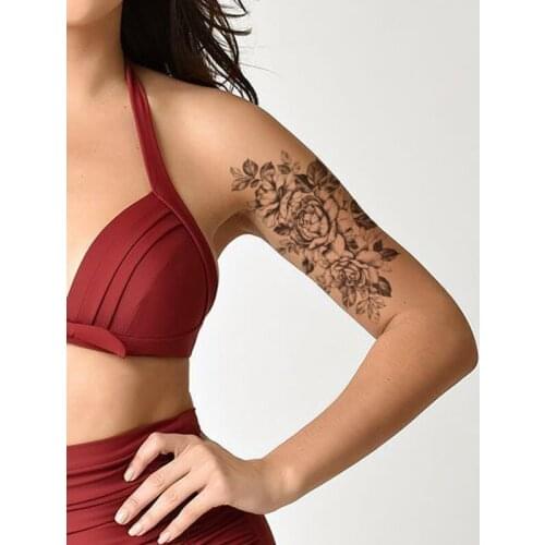 Temporary Tattoo Stickers Sexy Sketch Rose Peony Flowers Leaves Design Fake Tattoos Waterproof Tatoos Arm Large Size for Women