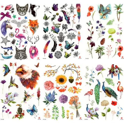 6PCS Flower Rose Temporary Tattoo Stickers Waterproof Women Fake Hand Animal Tattoos Adult Men Body Art