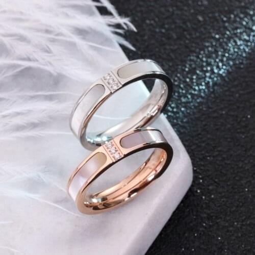 YUN RUO Fashion Shell Zirconia Inlay Couple Rings Rose Gold Color Woman Birthday Gift Party Titanium Steel Jewelry Never Fade