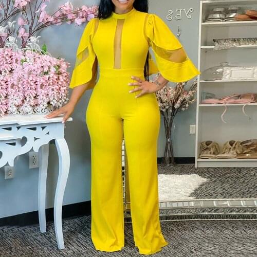 Yellow women one piece jumpsuits summer mesh flare sleeve long overalls rompers new african chic female slim jumpsuits 2021