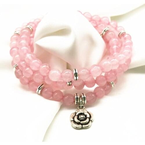 Women Wrap Charm Bracelets 6 MM Nature Rose Quartzz Stone Pendant Necklace Good Quality Gold Charm Flower Pendant 74 cm
