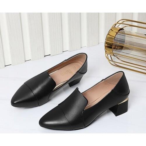 Women Professional Work Shoes Pointed Toe Leather Pumps Ladies Black High Heels Office Shoes