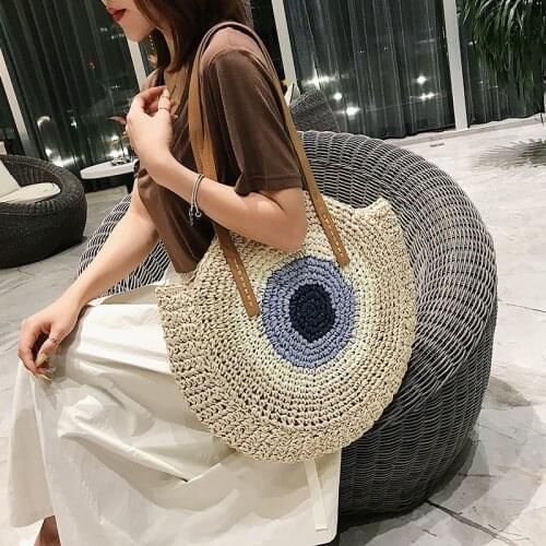 Women Bag New Summer Korean Plant Weaving Casual Tote Bag Round Straw Bag Shoulder Bag Handbag High-Capacity Beach Bag