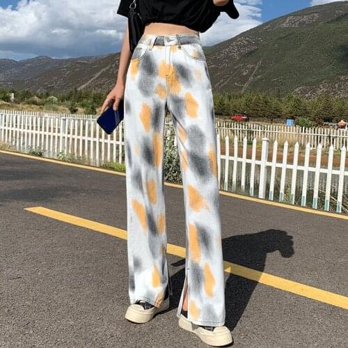 Womens Jeans Fashion Random Tie-Dye Printed Straight Pants High Waist Casual Wild Fitting Denim Trousers With Pocket