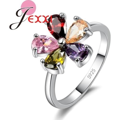 Nicely Flower Shape Colorful CZ Crystals 925 Sterling Silver Jewelry Women Wedding Engagement Rings Fashion Finger Ring