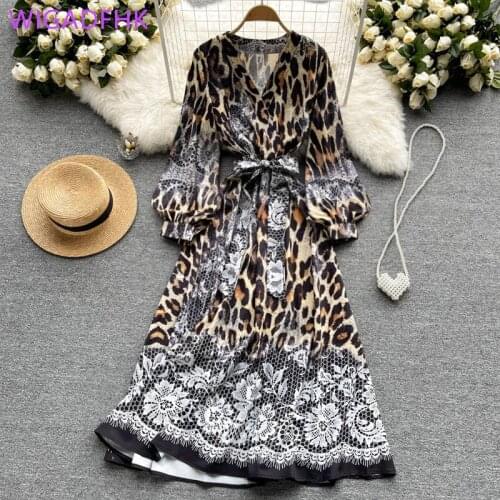 WIGADFHK 2021 Fall Womens Retro V-neck Printed Leopard Print Dress Womens Long Sleeve Floral Party Robe