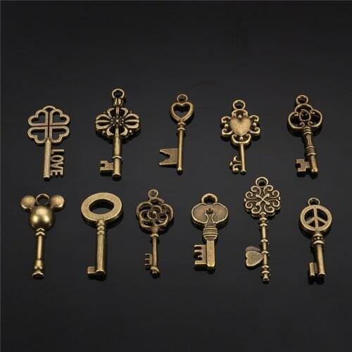 11Pcs Antique Vintage Old Look Bronze Skeleton Key Fancy Heart Bow Pendant Decor DIY Necklace Jewerly Crafts Decoration Crafts