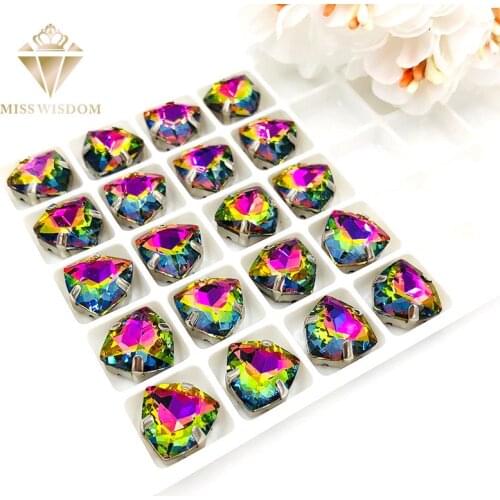 12mm Fat Triangle Rainbow color High quality Glass Crystal sew on rhinestones sliver base with hole diy/clothing accessories