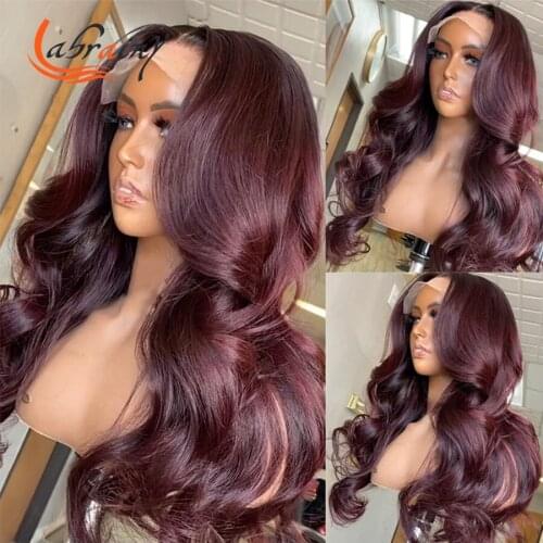 13x6 99J Burgundy HD Lace Frontal Brazilian Remy Human Hair Wig Full Women Dark Red Wavy Body Wave Lace Front Wig Pre Plucked