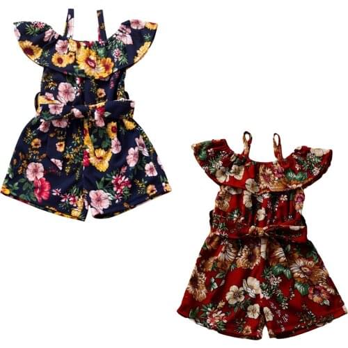 2021 Summer 6M-4Y Baby Girl Floral Print Ruffled Neck Off Shoulder Short Sleeve Bow Belt Romper Kid Flower Clothes 2 Colors