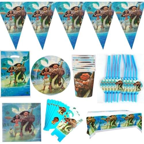 83Pcs/lot Moana Theme Cups Plates Tablecloth Banner Napkins Kids Boys Favors Straws Gifts Bags Popcorn Boxes Dishes Tableware