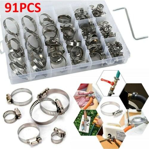 91PCS Hose Clamps Assorted Stainless Steel Anti-rust Hose Clamp Kit With No Driver Jubilee Clip Set for Securing Pipe Hoses