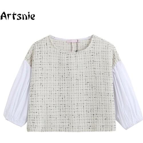 Artsnie Vintage Plaid Blouses Women Summer 2021 O Neck Lantern Sleeve Crop Tops Femme Khaki Casual Cropped Blouses Blusas Mujer