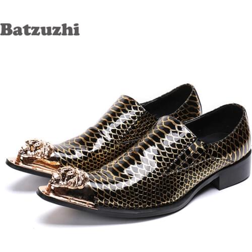 Batzuzhi Luxury Handmade Mens Shoes Gold Metal Tip Dress Shoes Men Python pattern Party Shoes Men zapatos de hombre, Big US12
