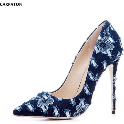 Carpaton Denim Blue HIgh Heel Shoes Pointed Toe Thin Heels Party Dress Shoe Woman Slip on Stiletto heels
