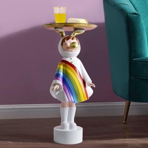Home Decor Rainbow Girl Large Floor Storage Ornaments Semi Manual Resin Floor Decoration Cartoon Tray Sculpture In Living Room