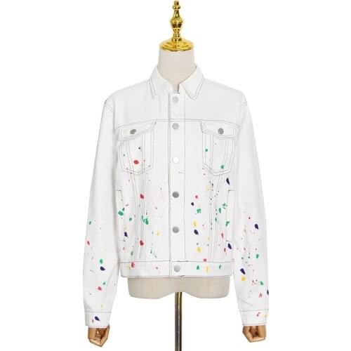 Street Fashion Brand 2021 Spring New Fashion Design Sense Lapel Long-Sleeved Personality Casual Ink Printing Denim Jacket