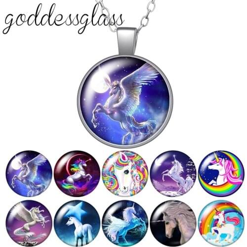 Unicorn Fashion Girls Gift Round Glass glass cabochon silver plated/Crystal pendant necklace jewelry for Gift